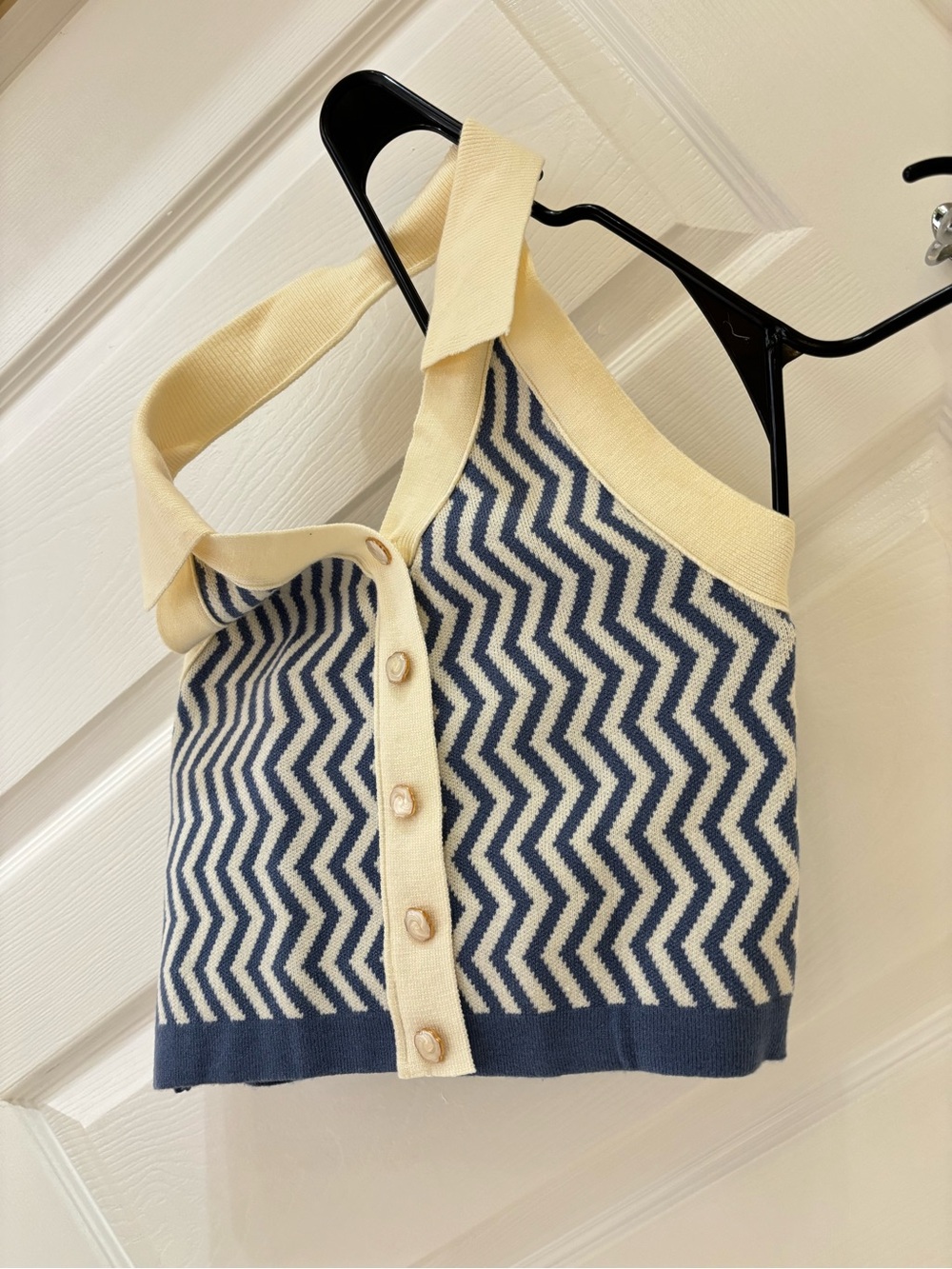Chevron Knit Button-Up Halter Tank in Cream & Navy - Picture 1 of 2